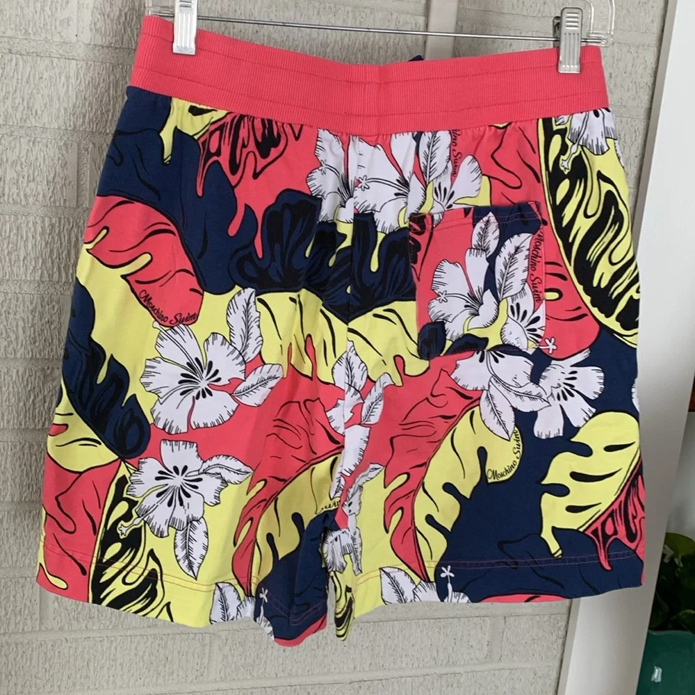 Moschino Men's Swim Size XS Pink Hibiscus Leaf Beach Pants Elastic Drawstring